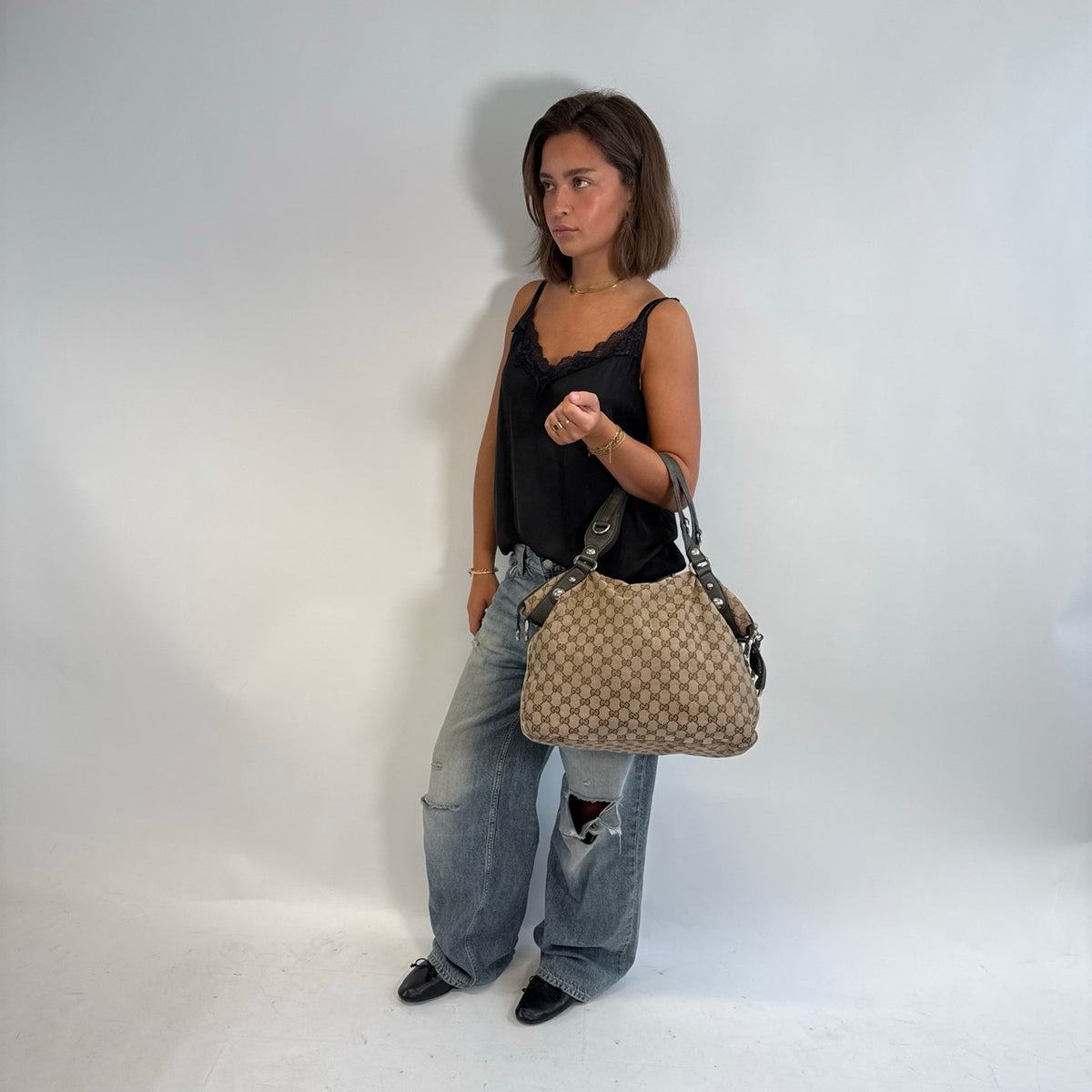 Gucci Shopper Sherry Line Web Tote monogram beige