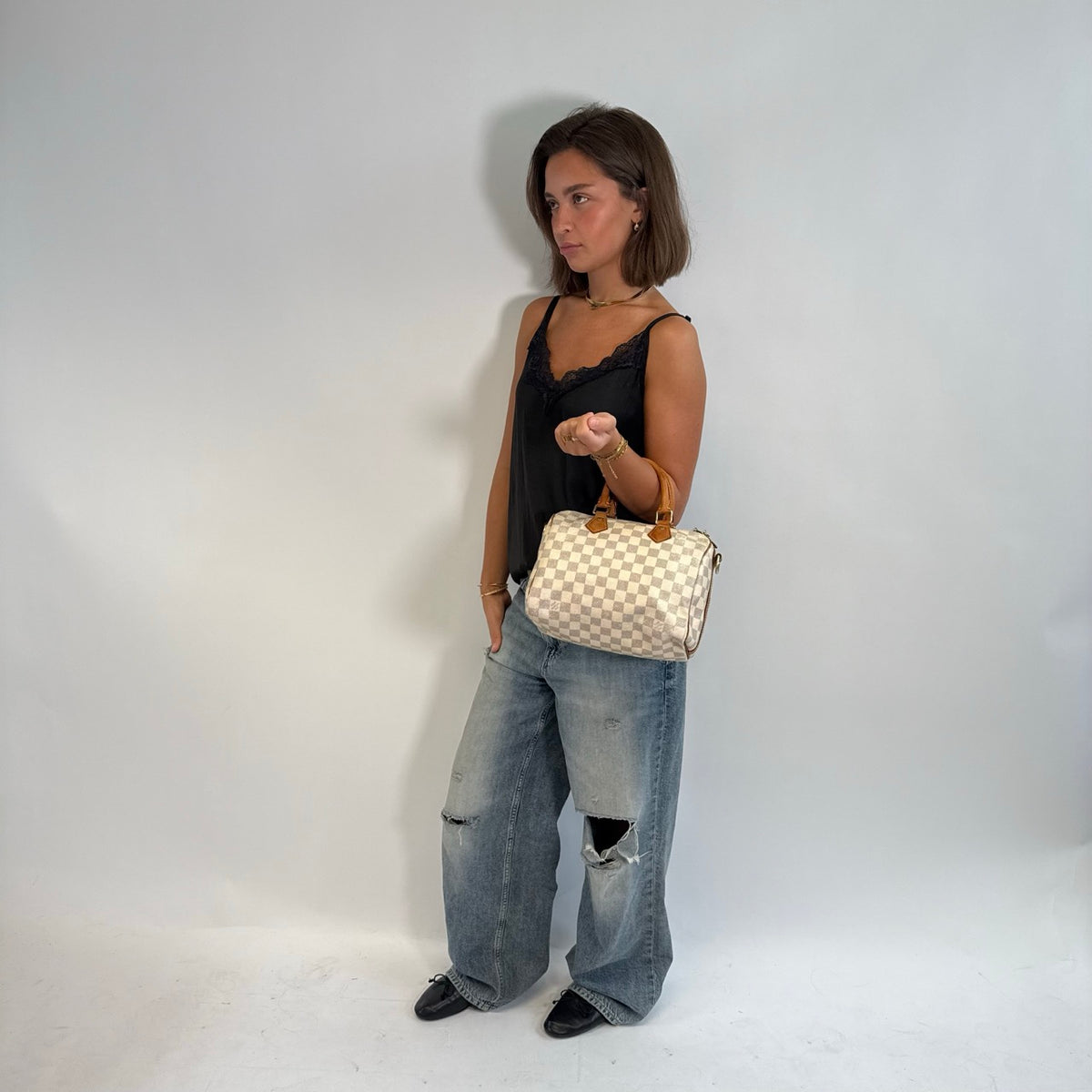 Louis Vuitton Handtasche Speedy 25 Bandoulière Damier Azur weiß