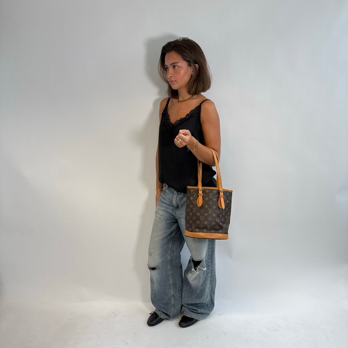 Louis Vuitton Schultertasche Bucket PM mit Clutch monogram braun