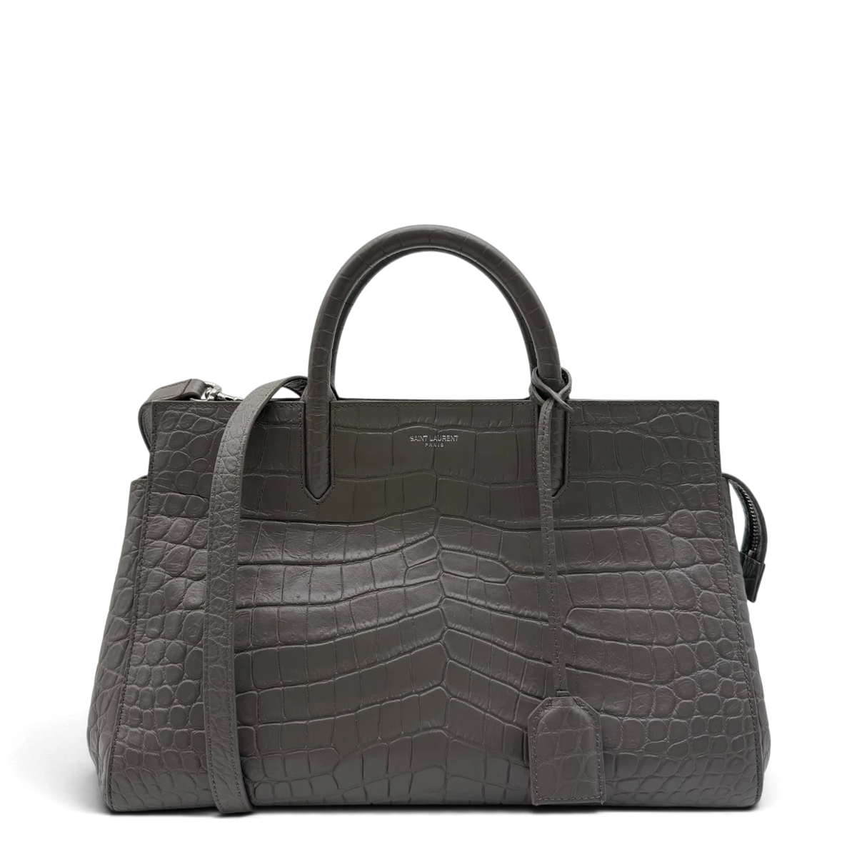 Saint Laurent Handtasche Cabas Rive Gauche small mit Krokodilprägung aus Leder grau