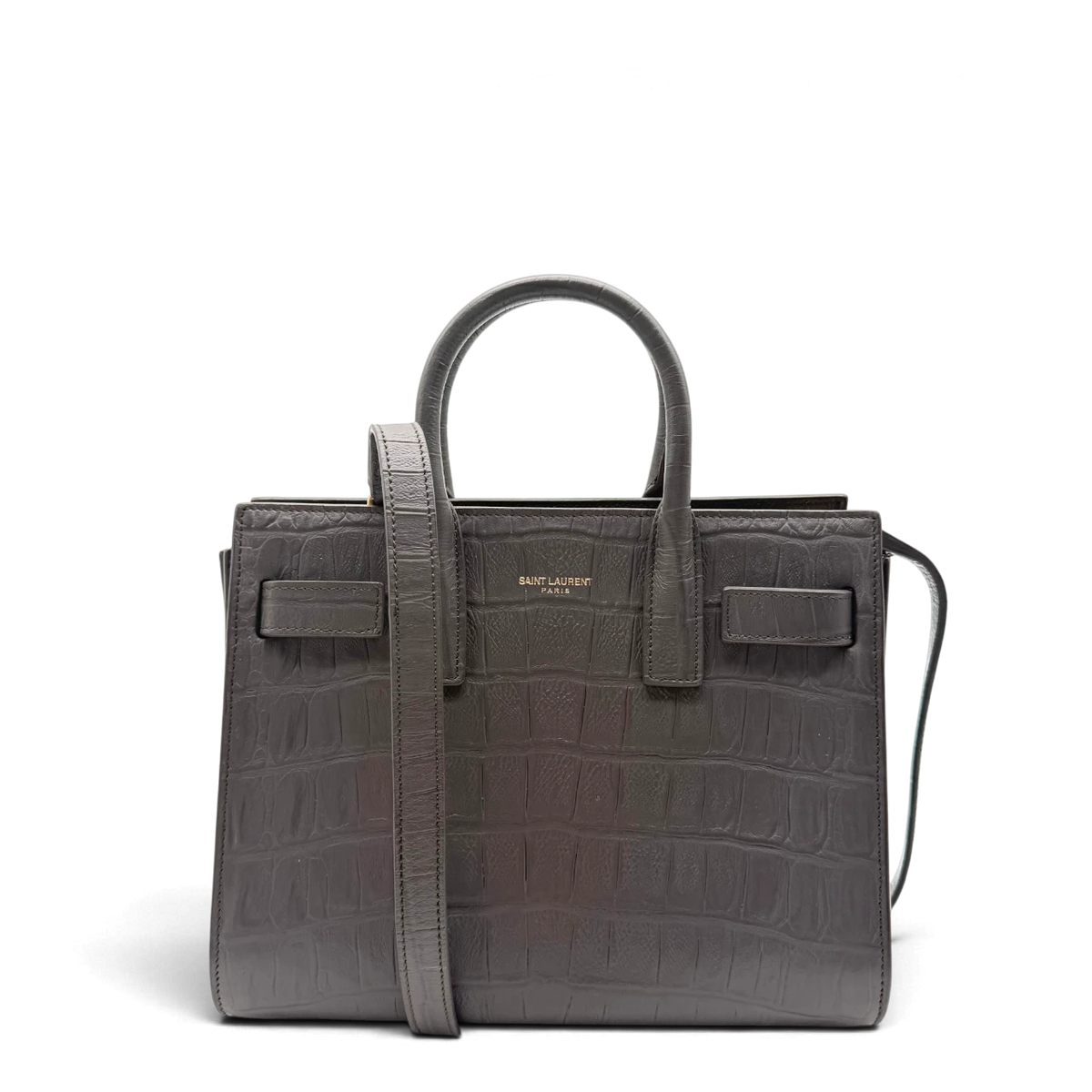 Saint Laurent Handtasche Sac de Jour Mini aus Leder mit Krokodilprint grau