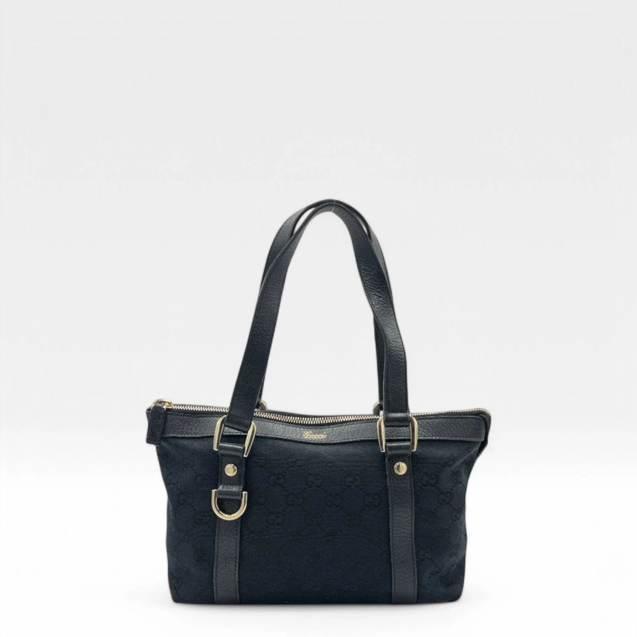 Gucci handbag Abbey mini black leather details monogram dark blue
