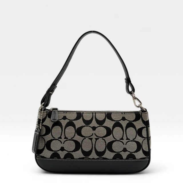 Coach Pochette black leather details monogram beige