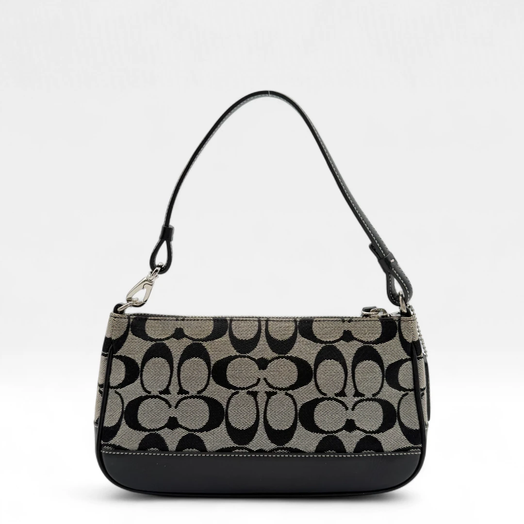 Coach Pochette black leather details monogram beige