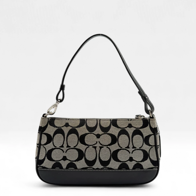 Coach Pochette black leather details monogram beige