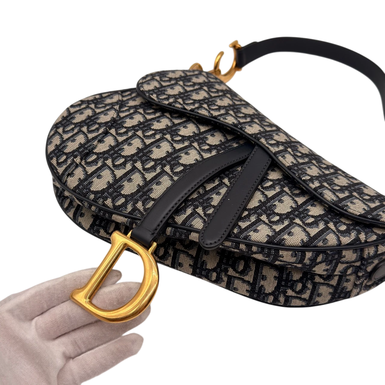 Dior Schultertasche Saddle Bag mit Schulterriemen aus Canvas blau & beige