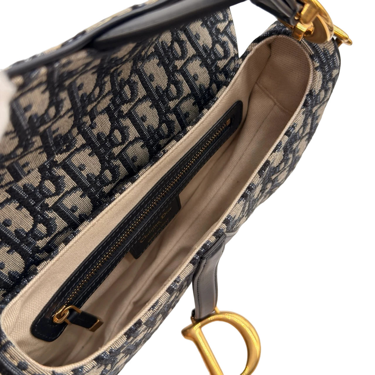 Dior Schultertasche Saddle Bag mit Schulterriemen aus Canvas blau & beige