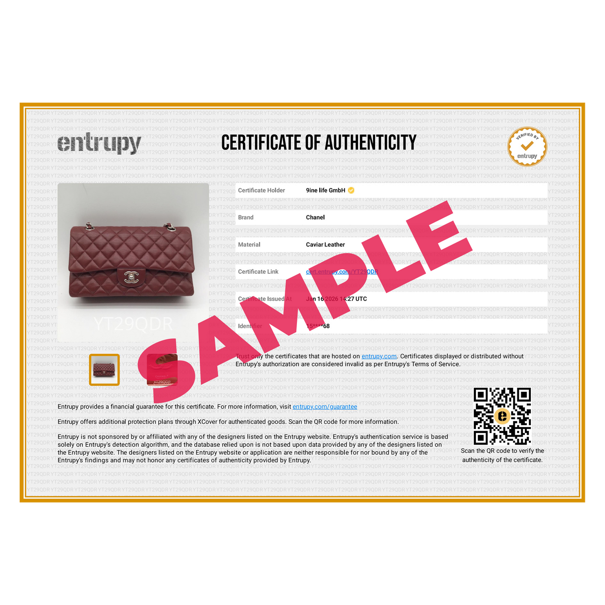 Muster eines Entrupy Echtheitszertifikats für eine Chanel Tasche