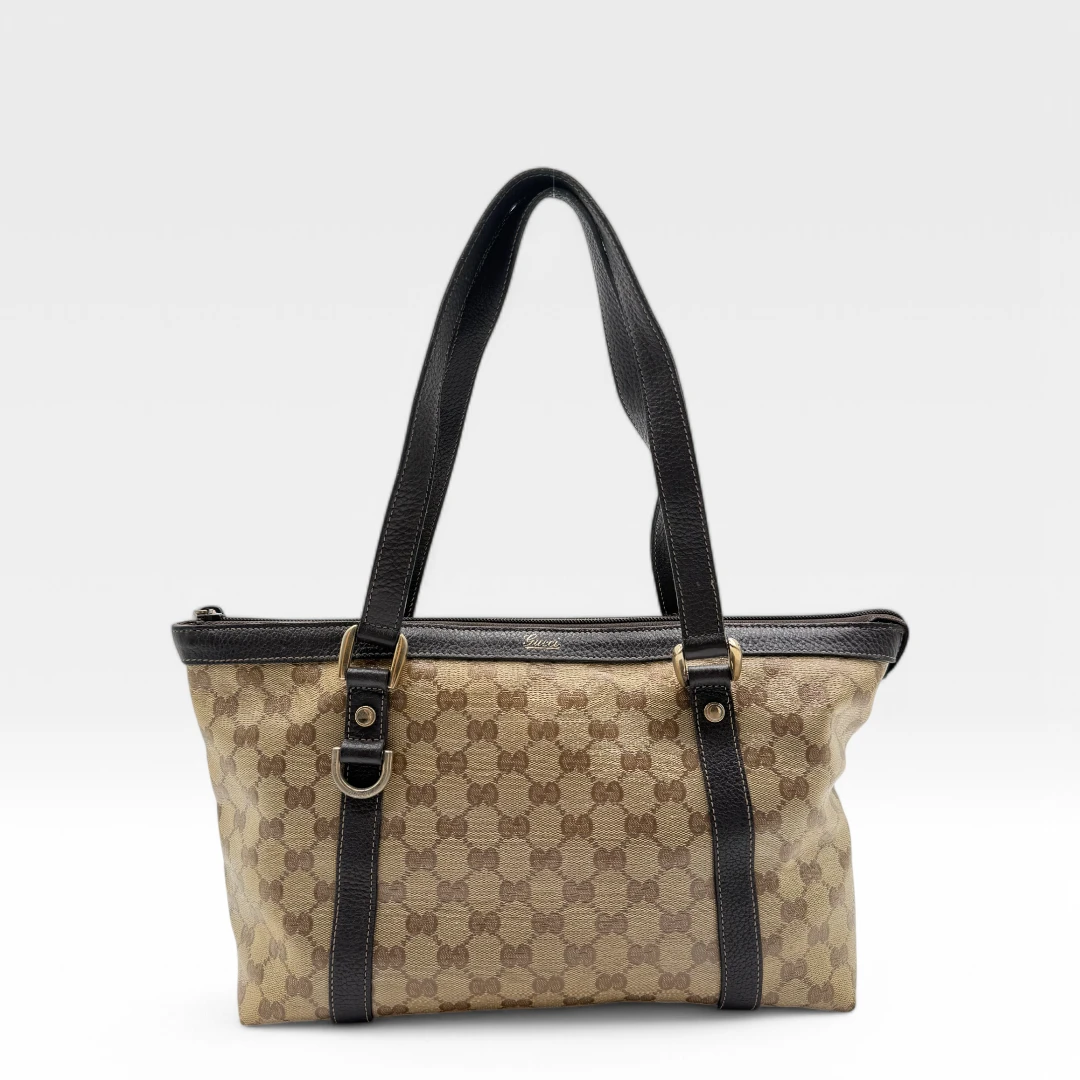 Gucci handbag Abbey PVC brown leather details monogram beige
