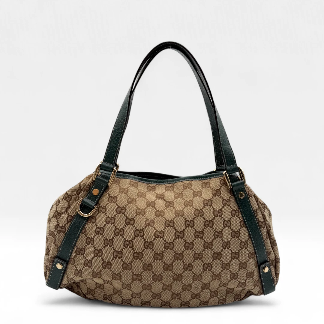 Gucci handbag Abbey Shopper dark green leather details monogram beige
