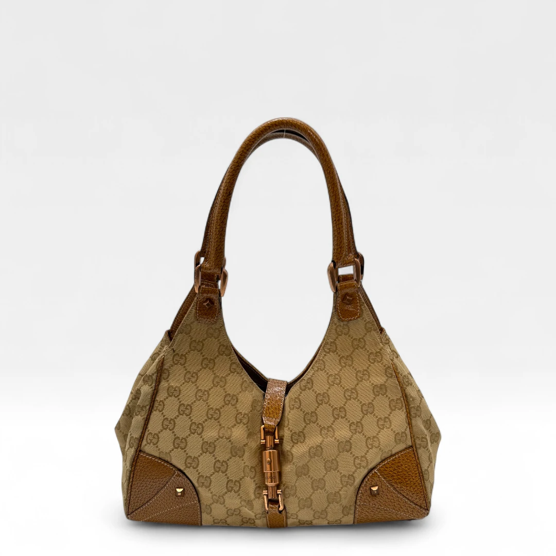 Gucci Handtasche New Jackie braune Lederdetails monogram beige