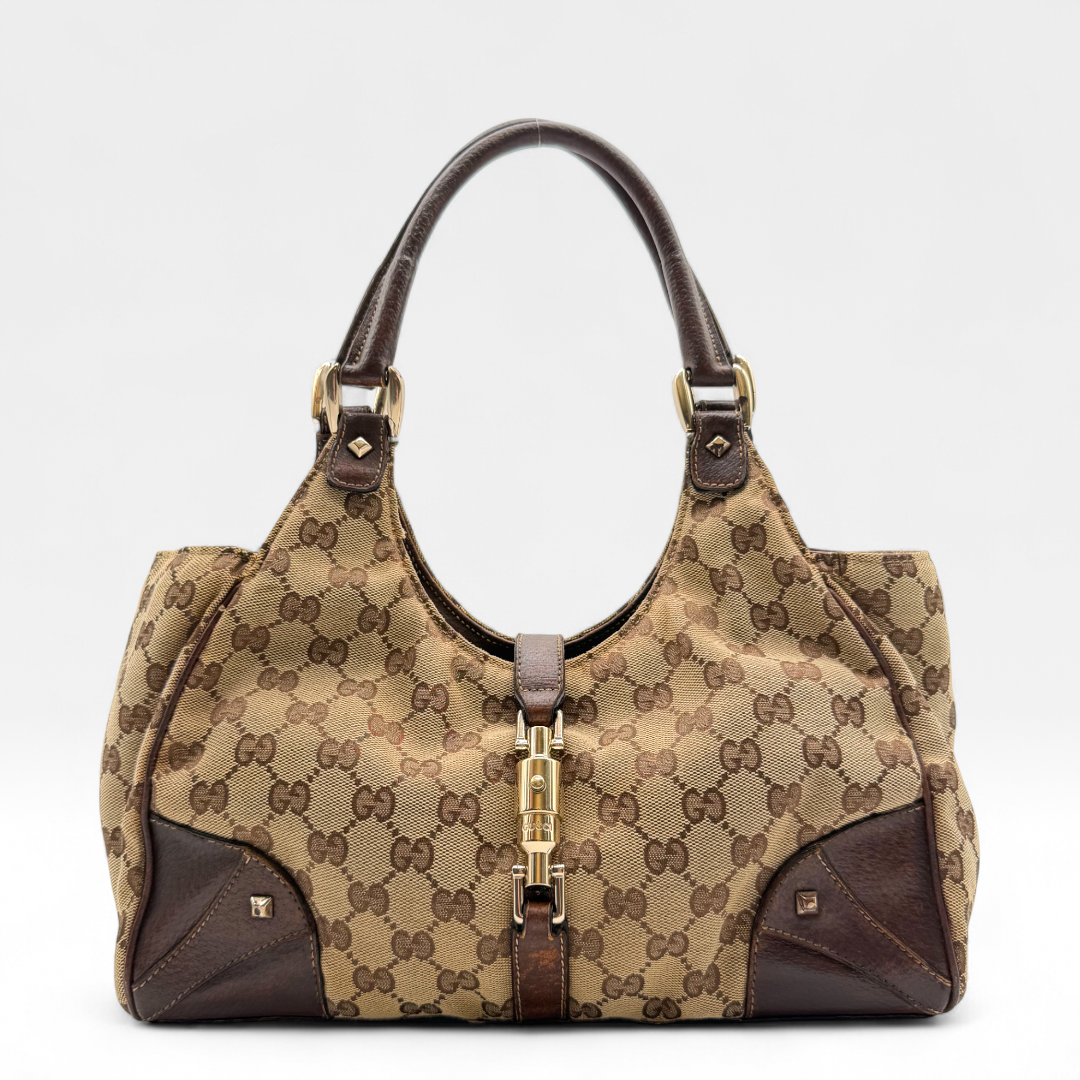 Gucci handbag New Jackie brown leather details monogram beige