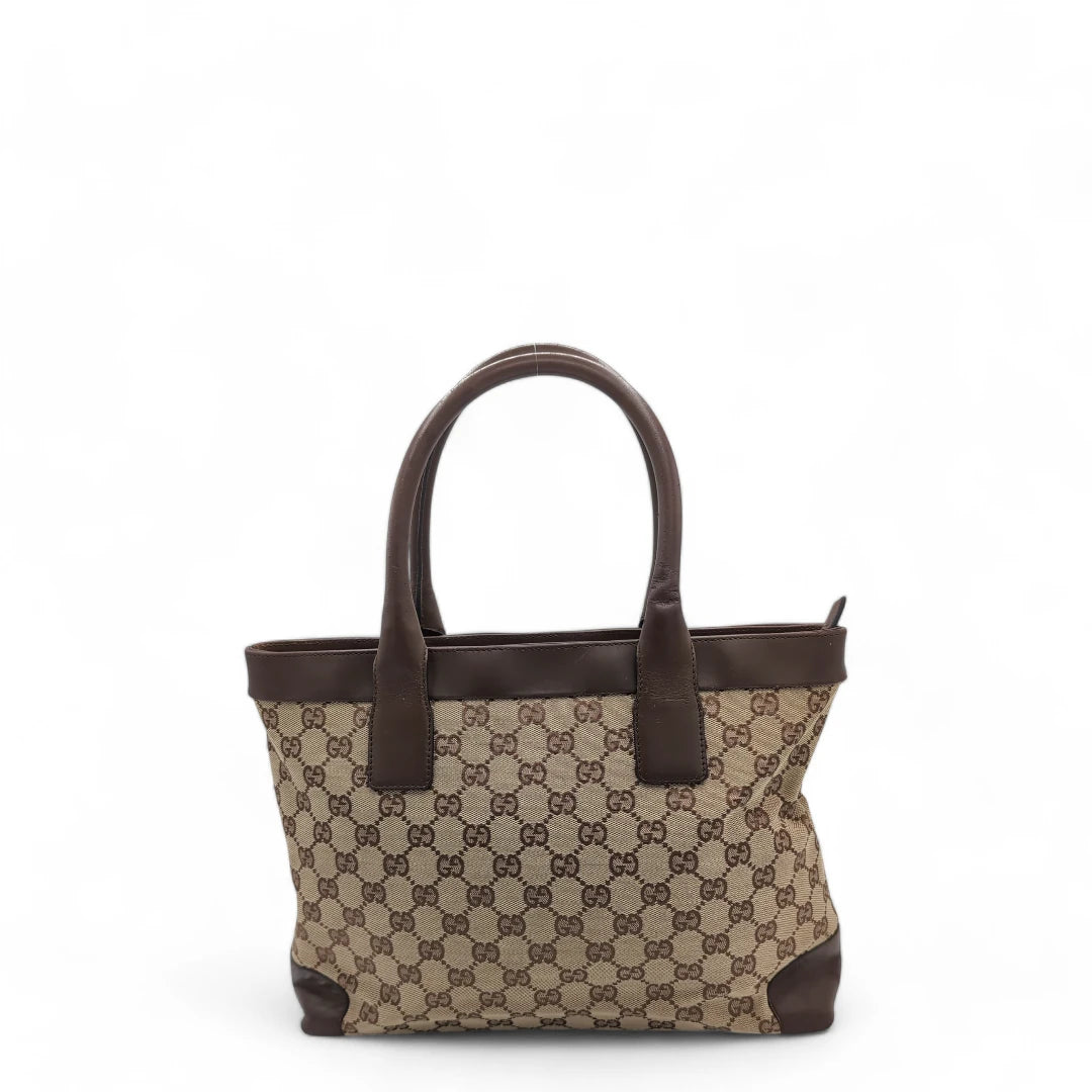 Gucci handbag dark brown leather details monogram beige 