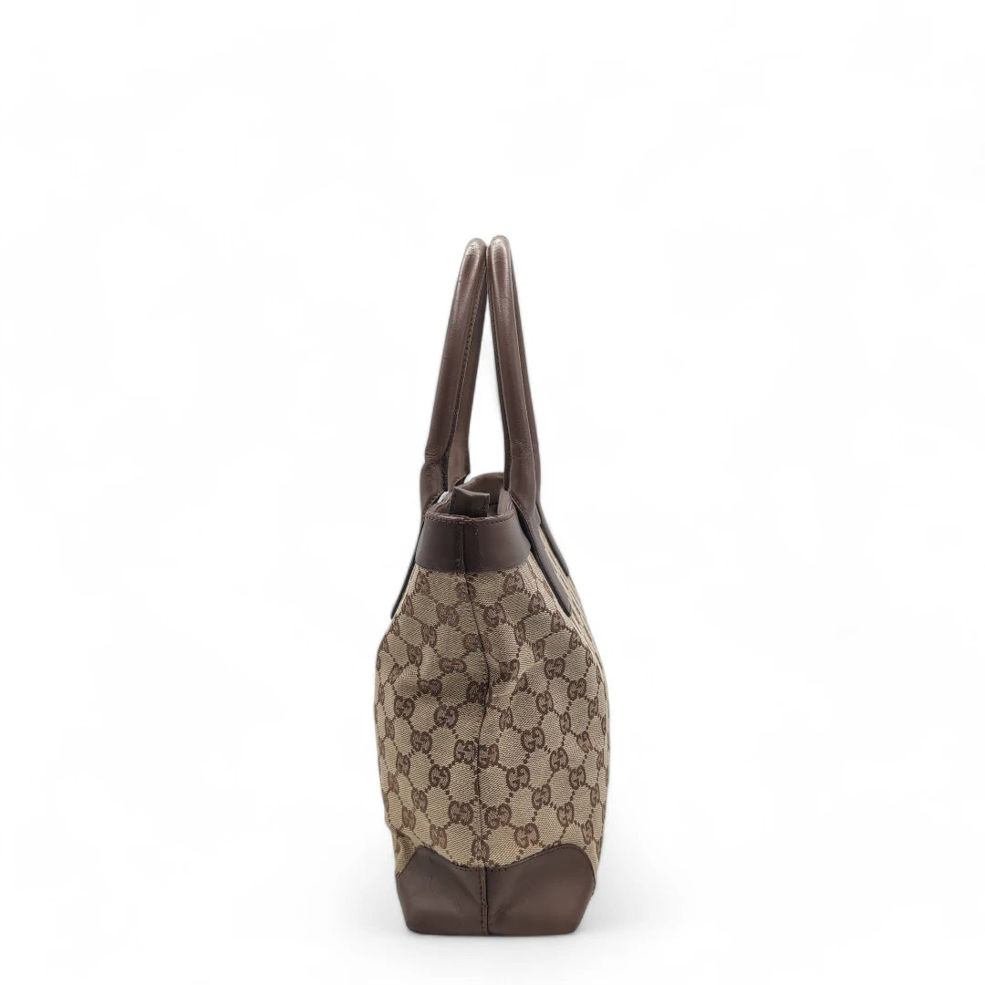 Gucci handbag dark brown leather details monogram beige 