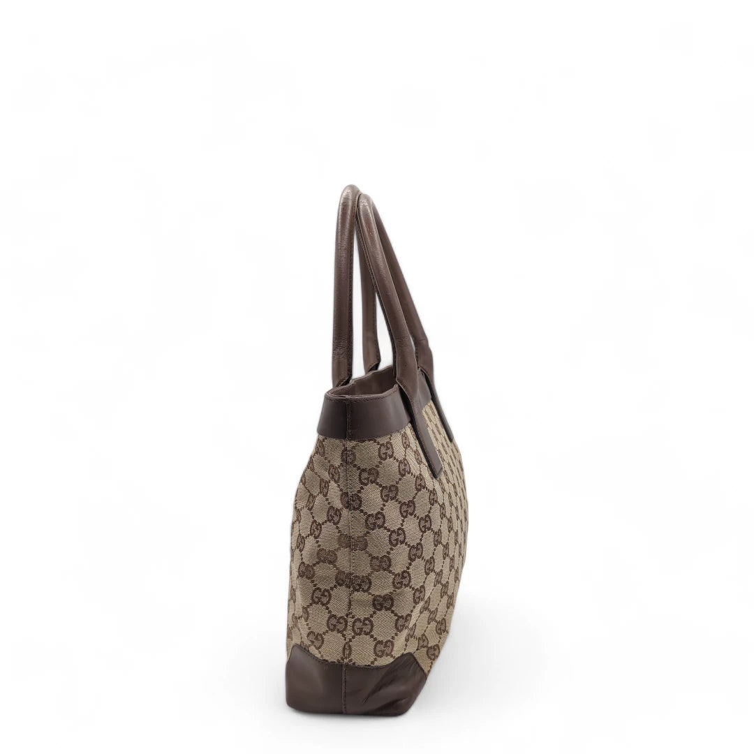 Gucci handbag dark brown leather details monogram beige 