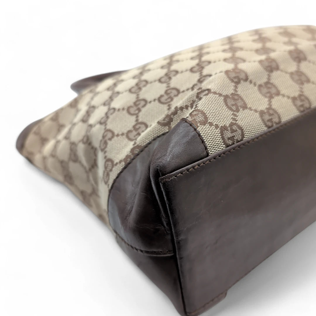 Gucci handbag dark brown leather details monogram beige 