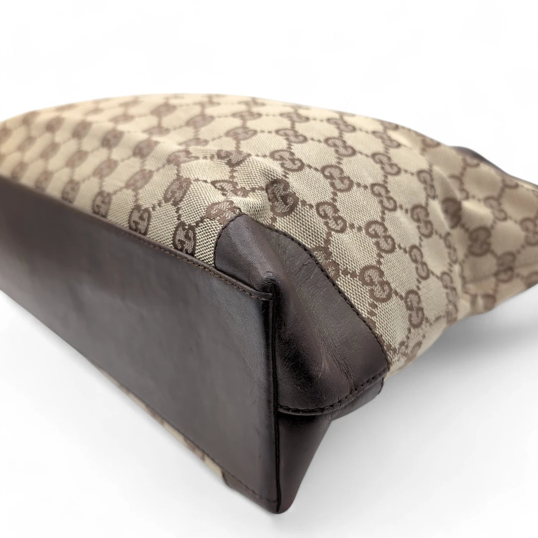 Gucci handbag dark brown leather details monogram beige 