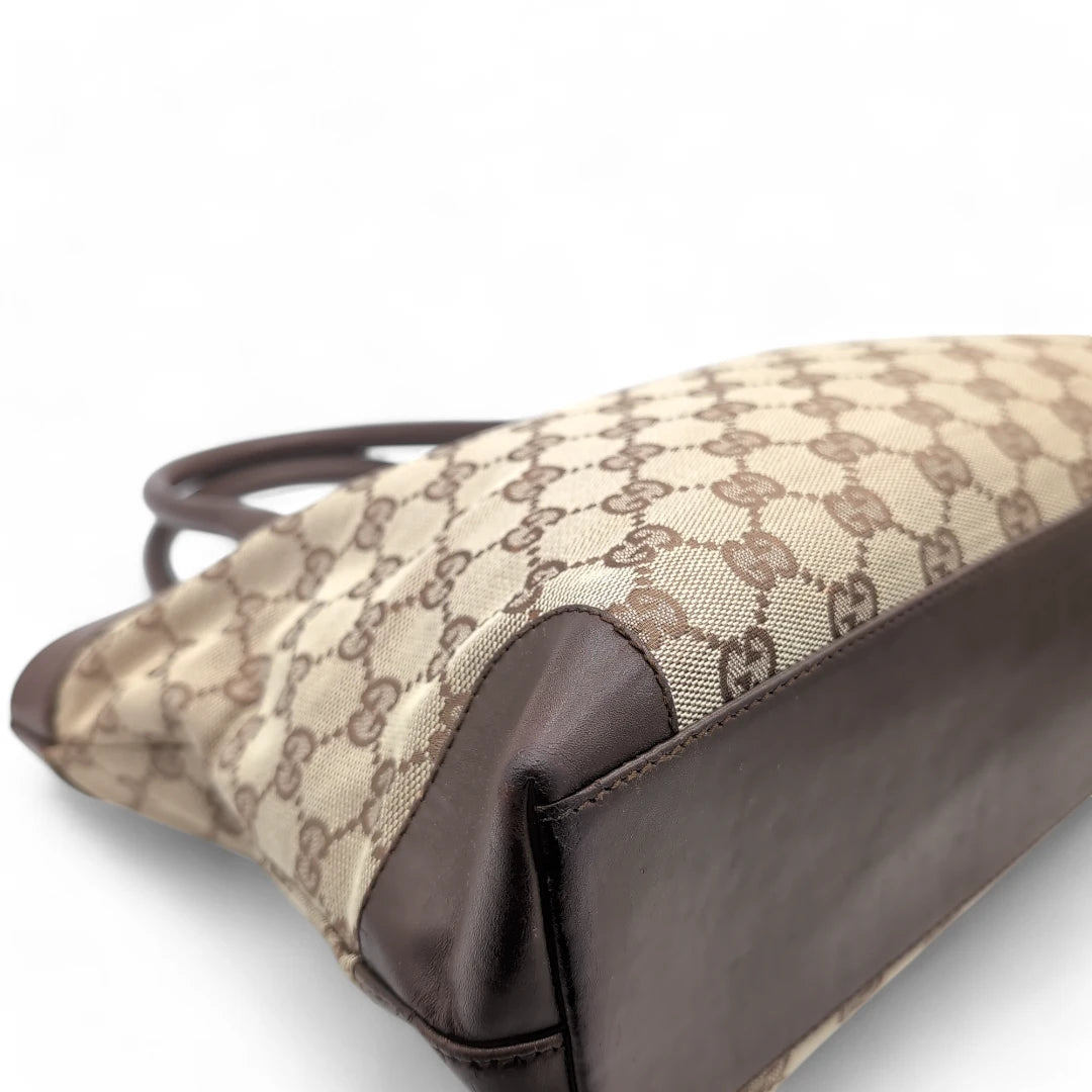 Gucci handbag dark brown leather details monogram beige 