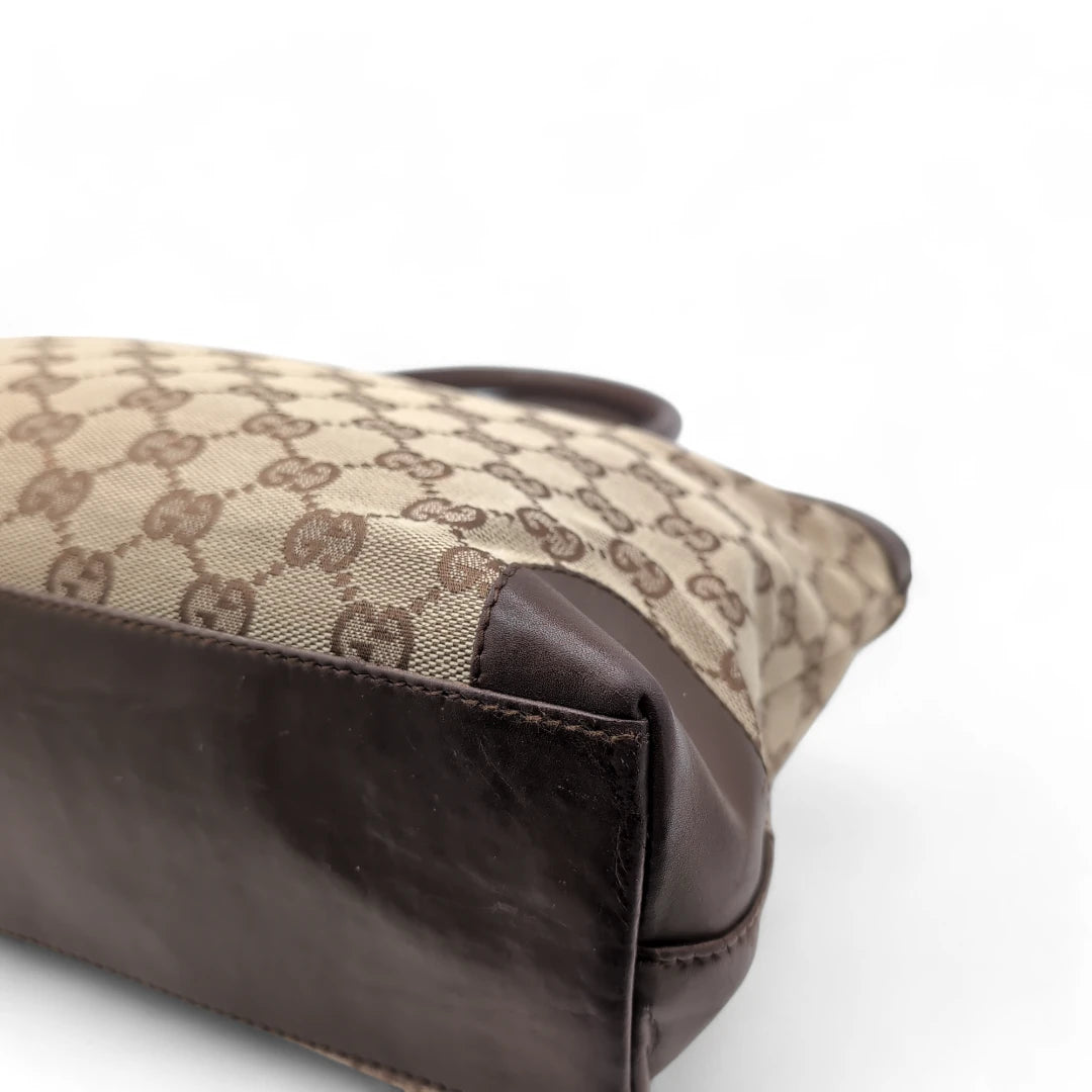 Gucci handbag dark brown leather details monogram beige 