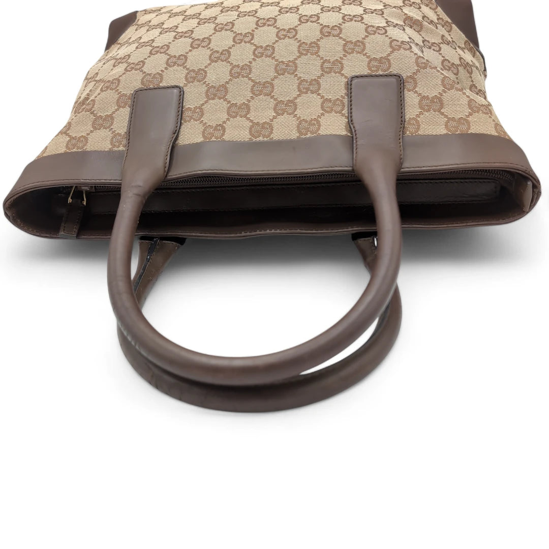 Gucci handbag dark brown leather details monogram beige 