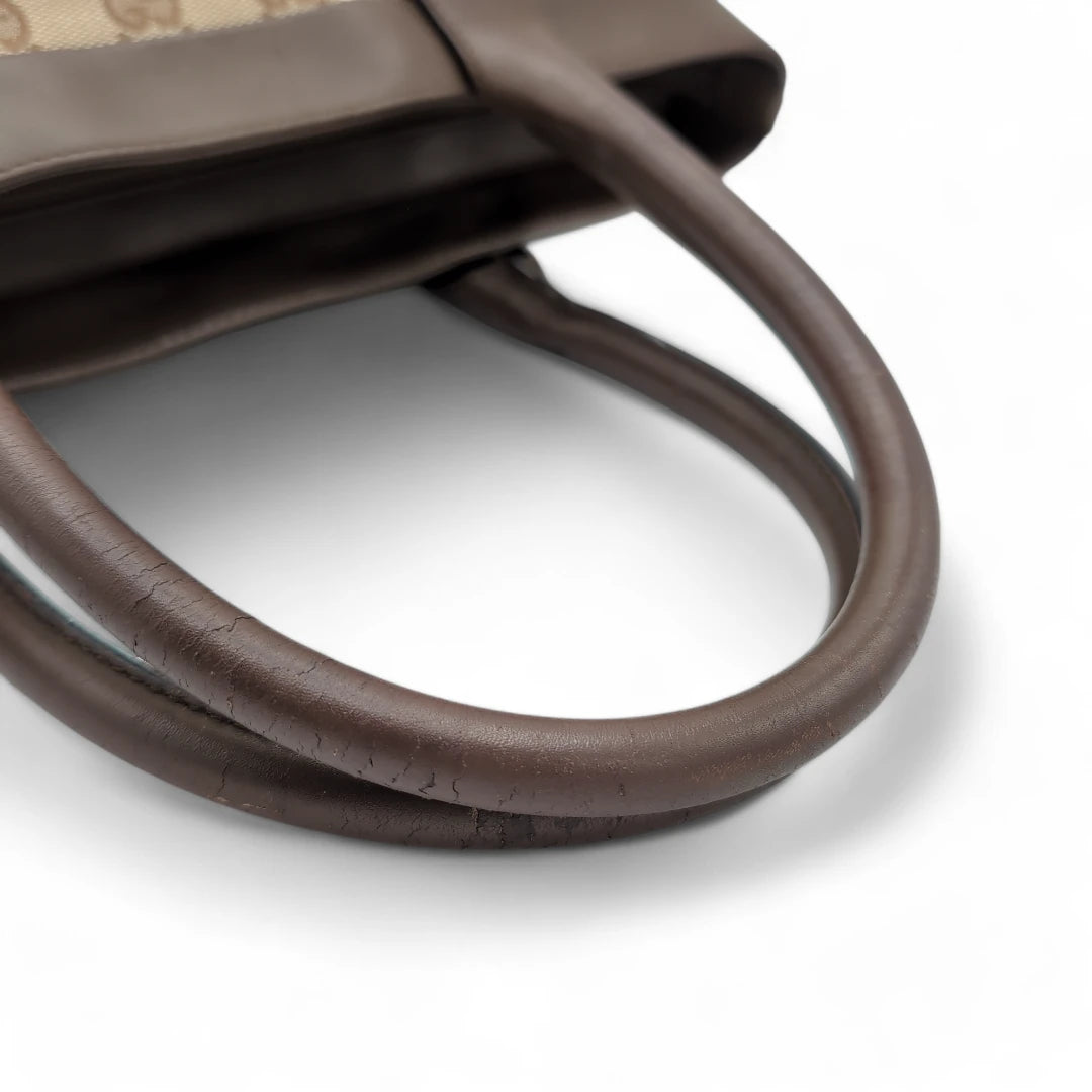 Gucci handbag dark brown leather details monogram beige 