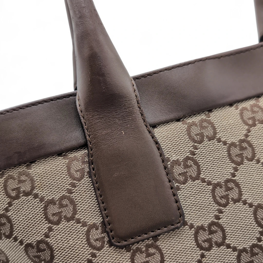 Gucci handbag dark brown leather details monogram beige 