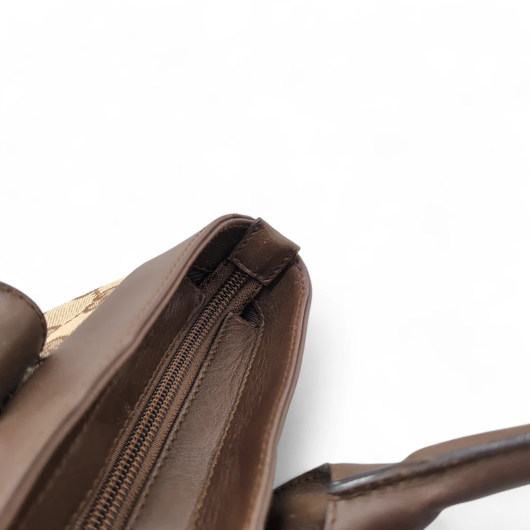 Gucci handbag dark brown leather details monogram beige 