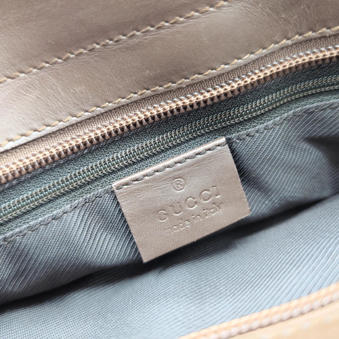 Gucci handbag dark brown leather details monogram beige 