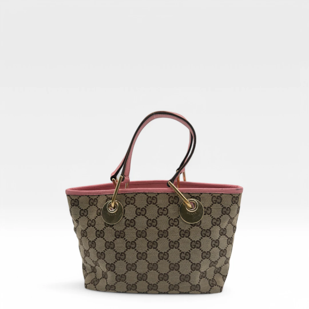Gucci handbag mini shopper with pink leather details monogram beige