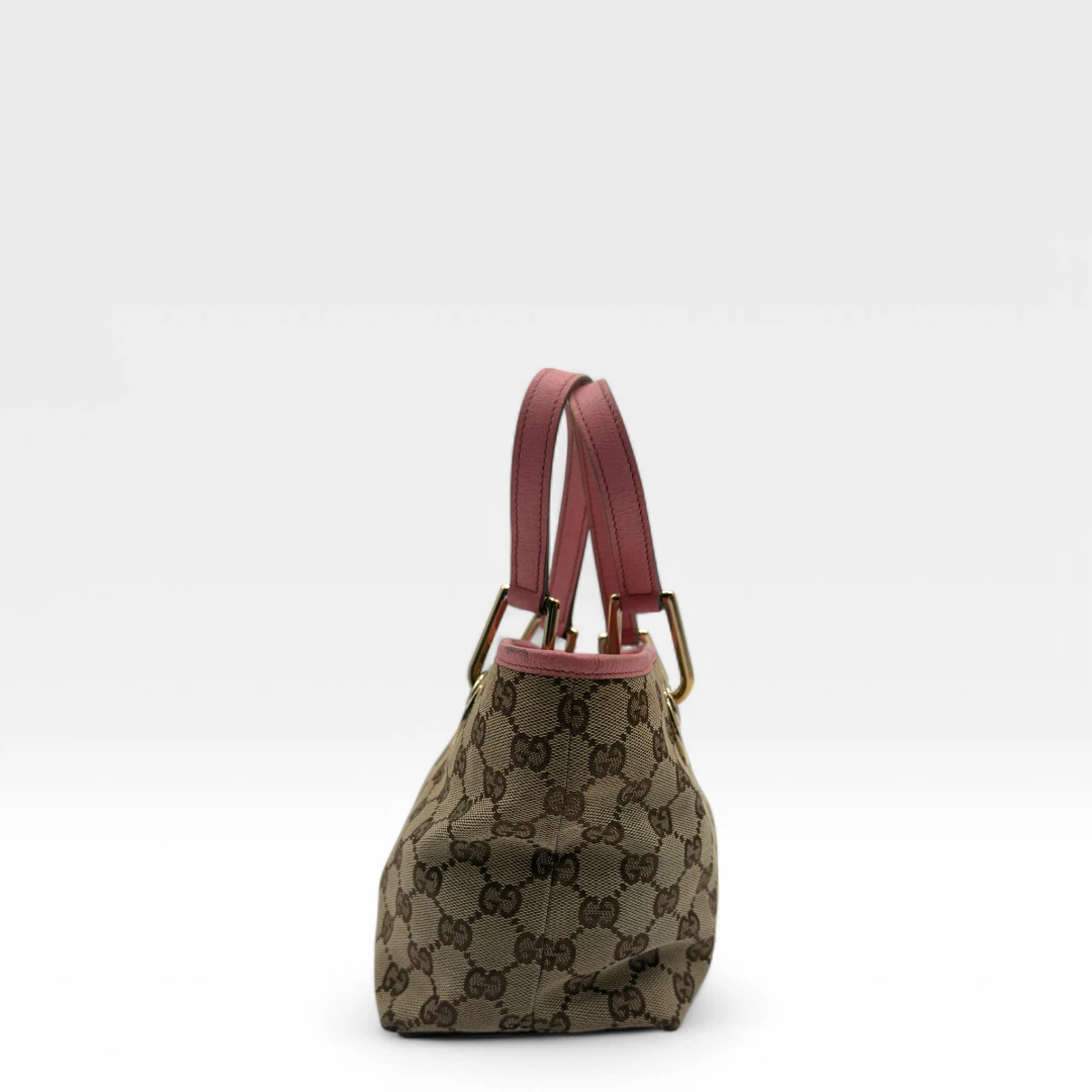 Gucci handbag mini shopper with pink leather details monogram beige