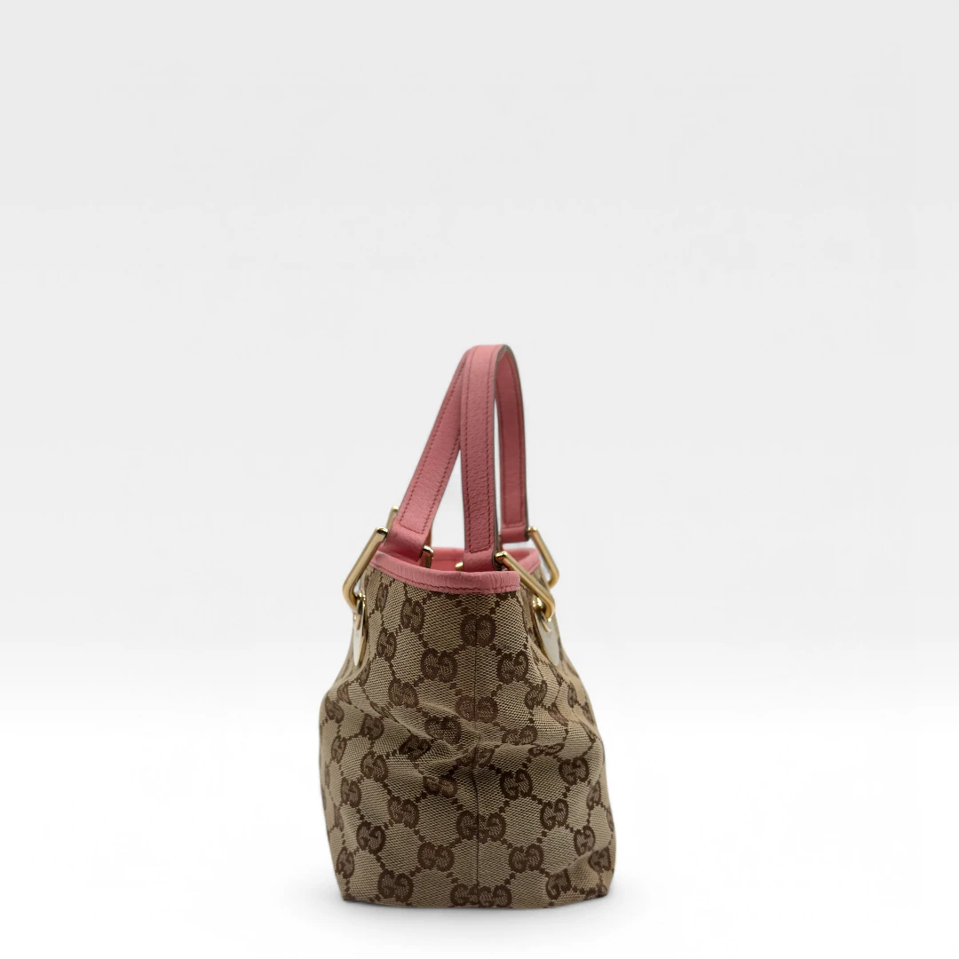 Gucci handbag mini shopper with pink leather details monogram beige