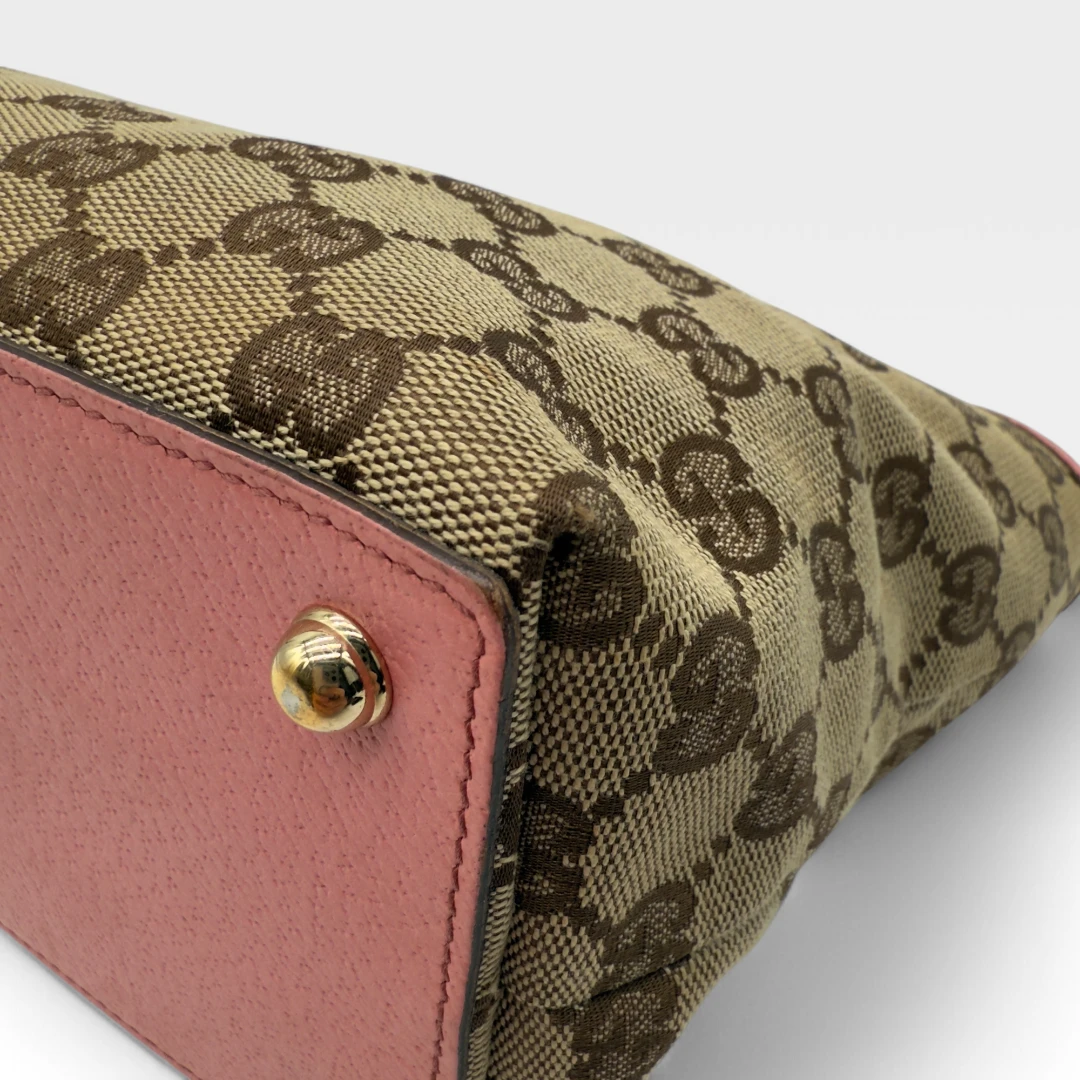 Gucci handbag mini shopper with pink leather details monogram beige