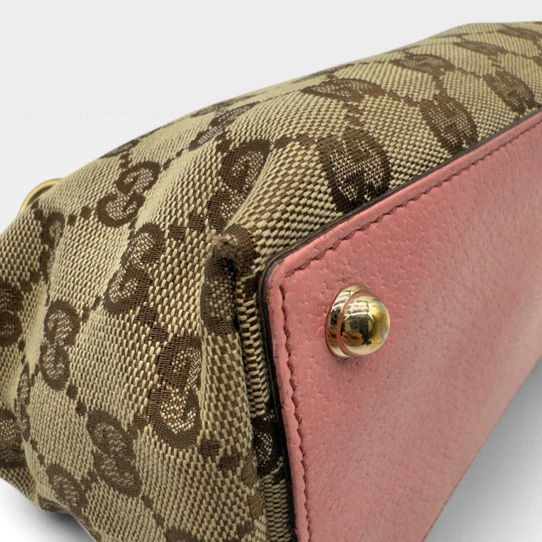 Gucci handbag mini shopper with pink leather details monogram beige