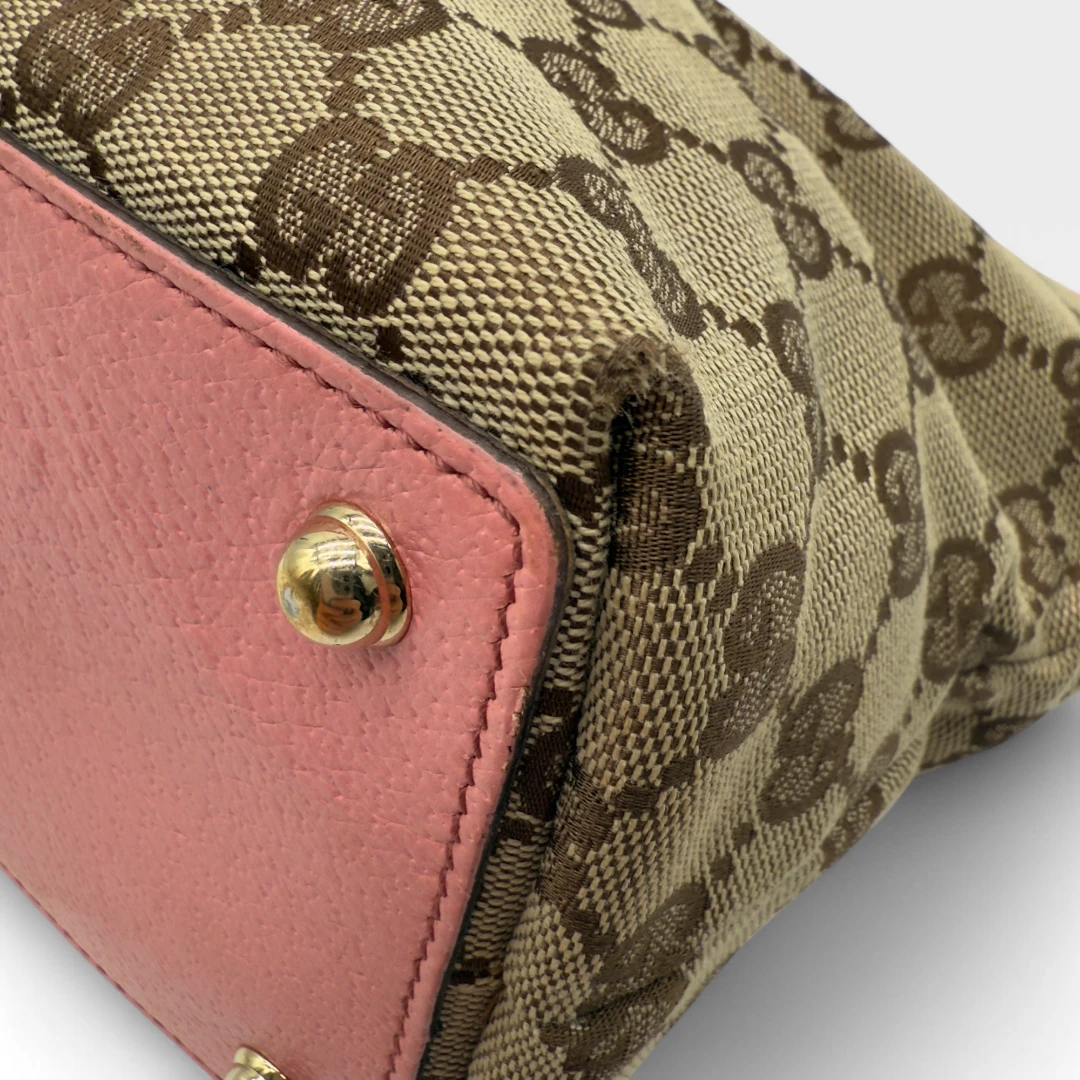 Gucci handbag mini shopper with pink leather details monogram beige