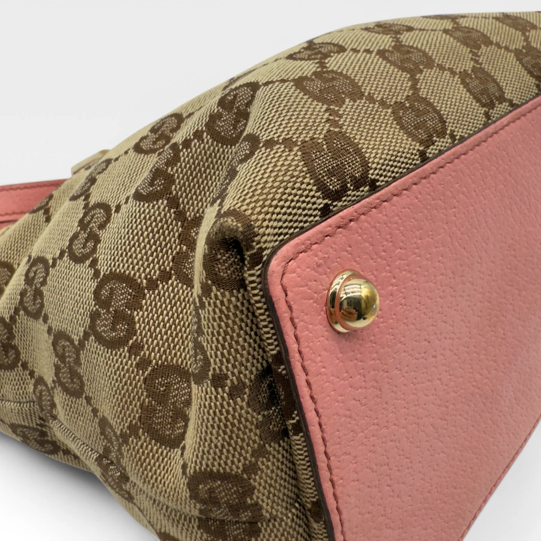 Gucci handbag mini shopper with pink leather details monogram beige