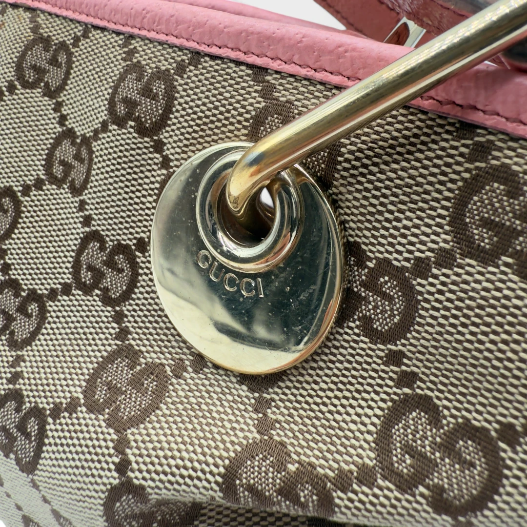 Gucci handbag mini shopper with pink leather details monogram beige