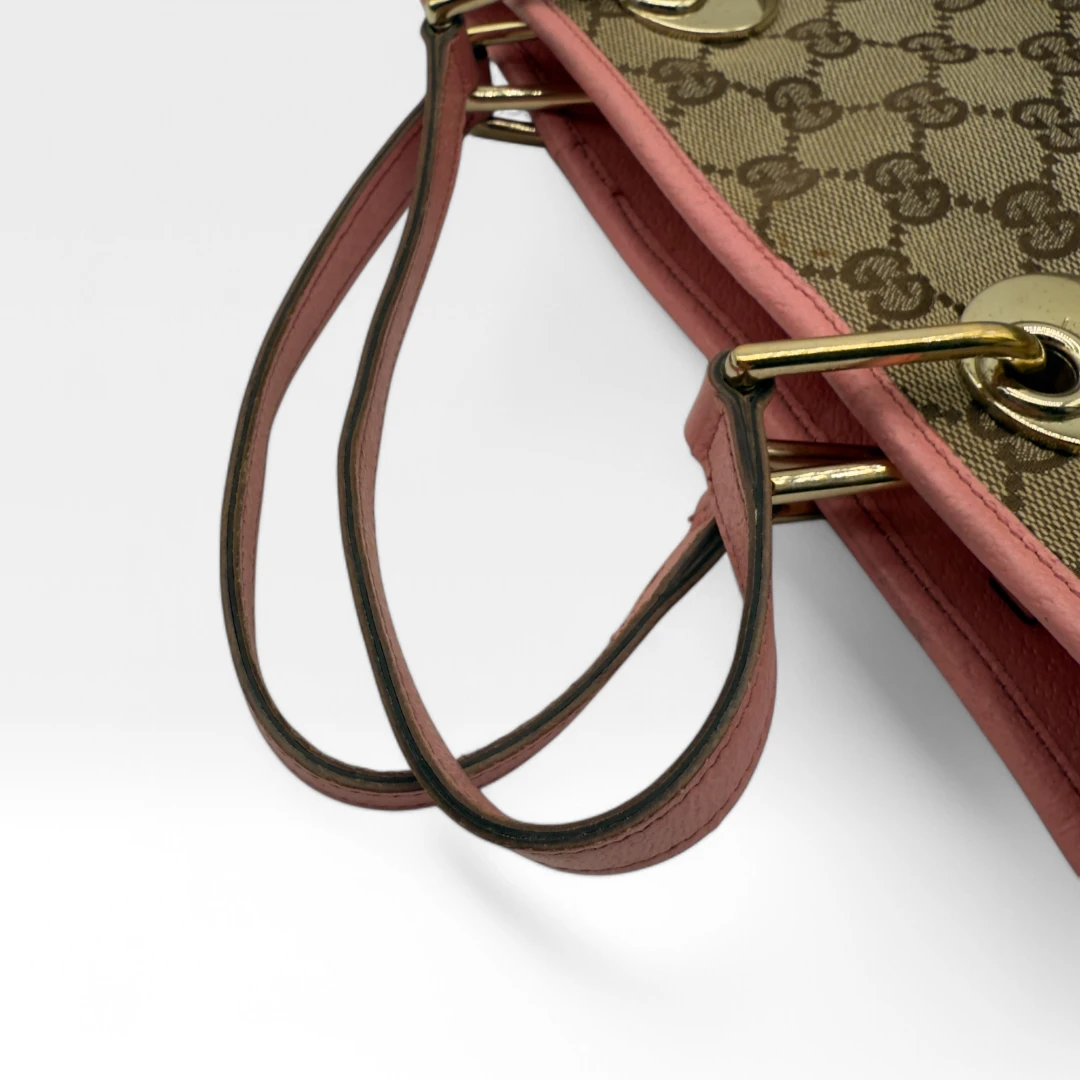 Gucci handbag mini shopper with pink leather details monogram beige