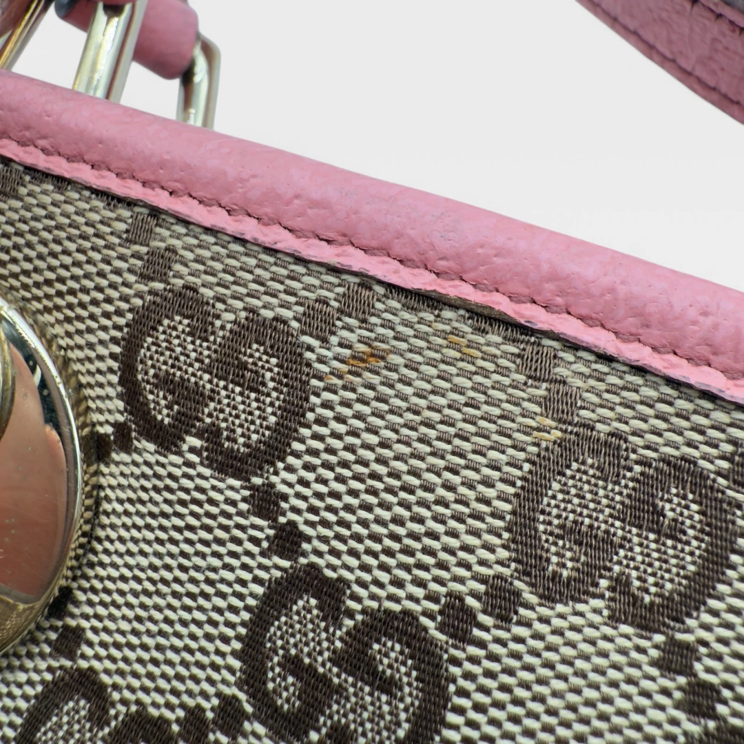 Gucci handbag mini shopper with pink leather details monogram beige