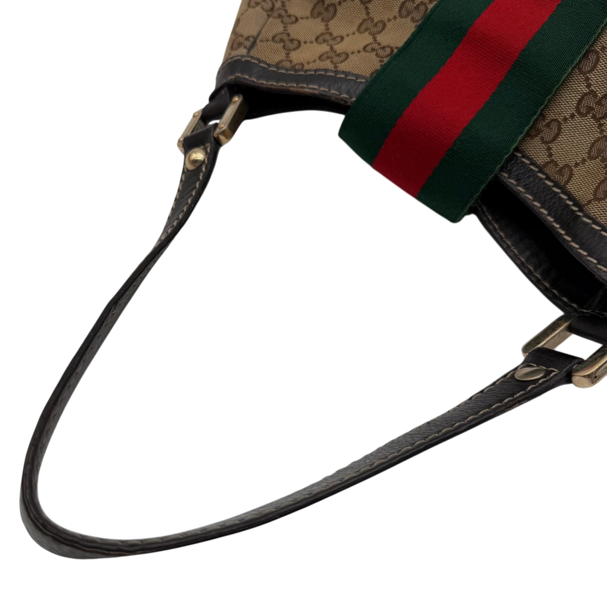 Gucci Schultertasche GG Web Hobo monogram beige – Schulterriemen im Detail