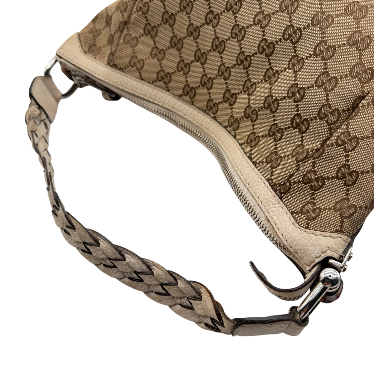 Gucci Schultertasche Marrakech Hobo monogram beige – Schulterriemen im Detail