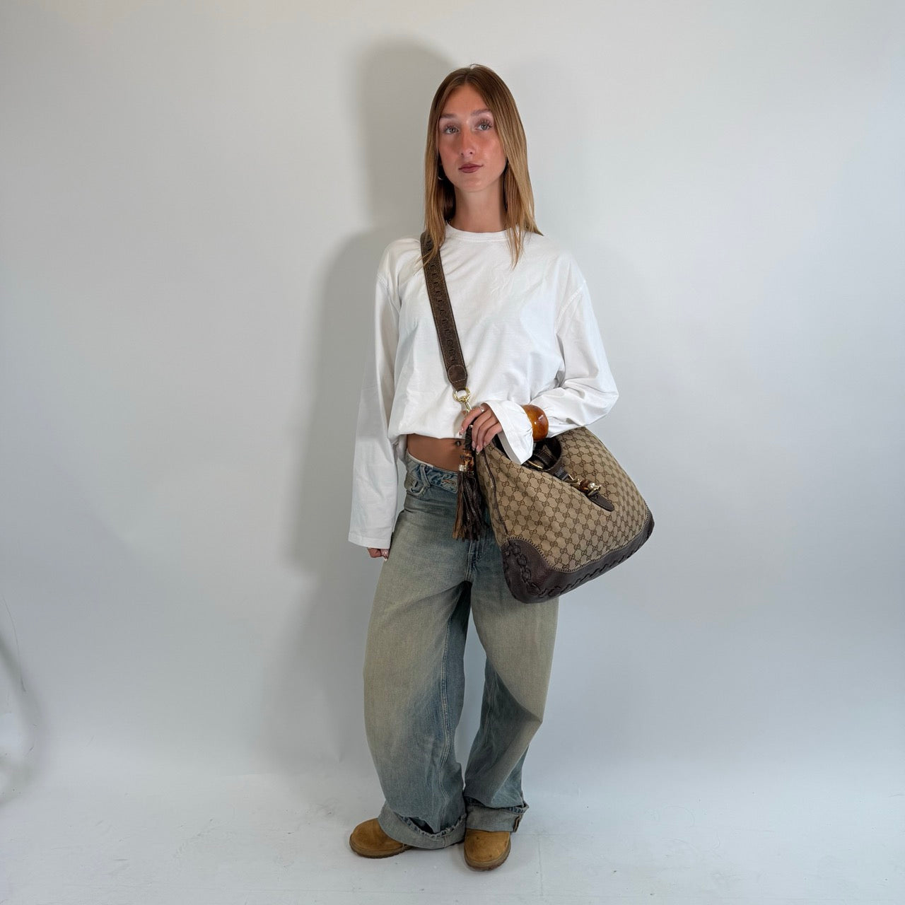 Gucci Schultertasche New Jackie Tassel Bamboo monogram beige