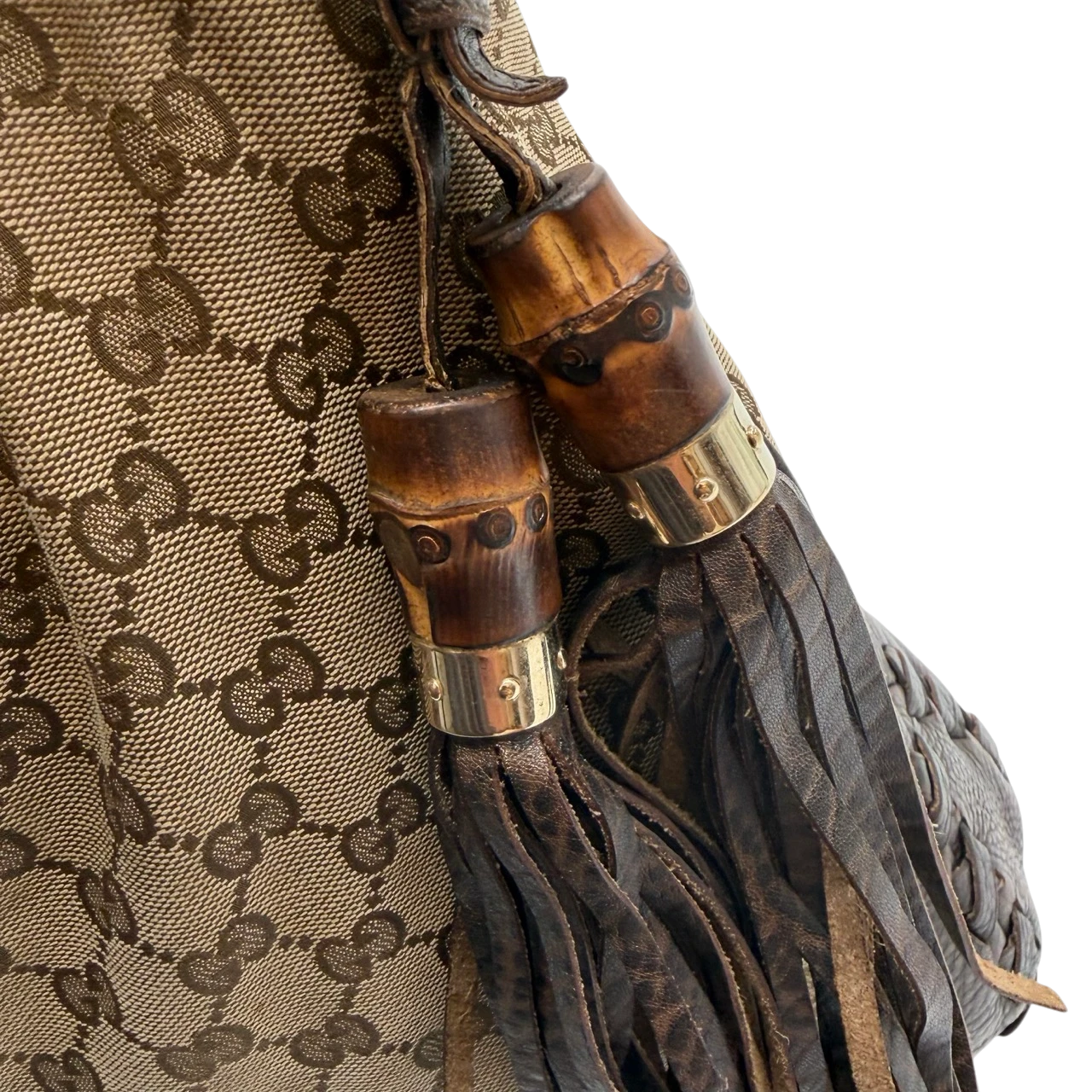Gucci Schultertasche New Jackie Tassel Bamboo monogram beige