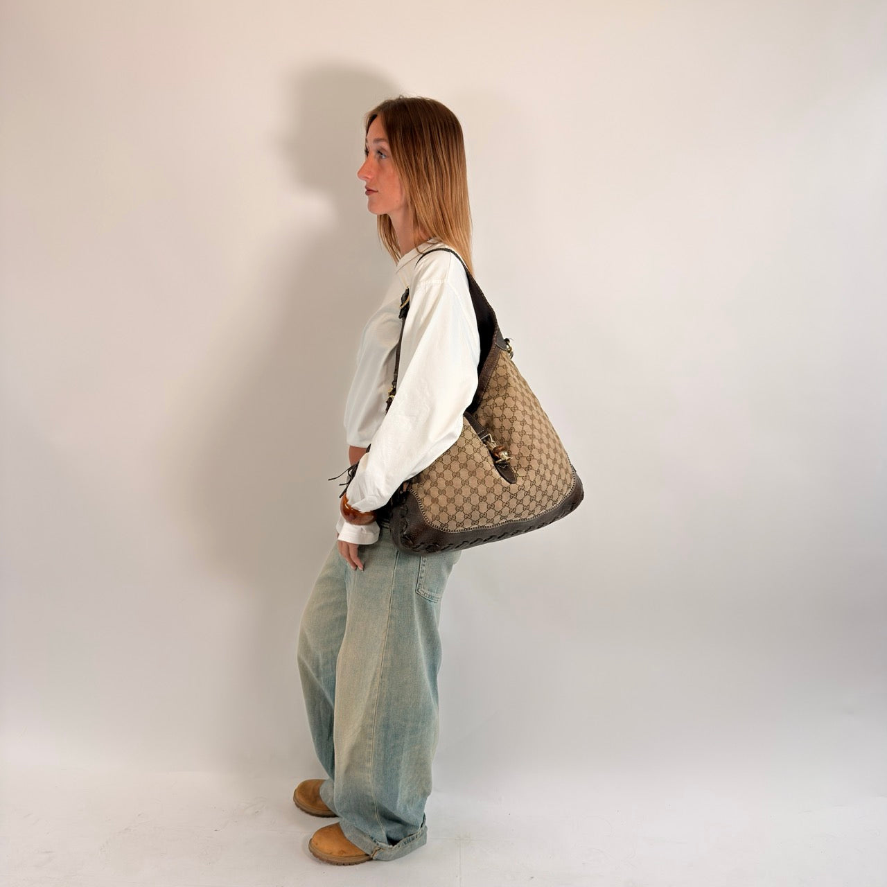 Gucci Schultertasche New Jackie Tassel Bamboo monogram beige
