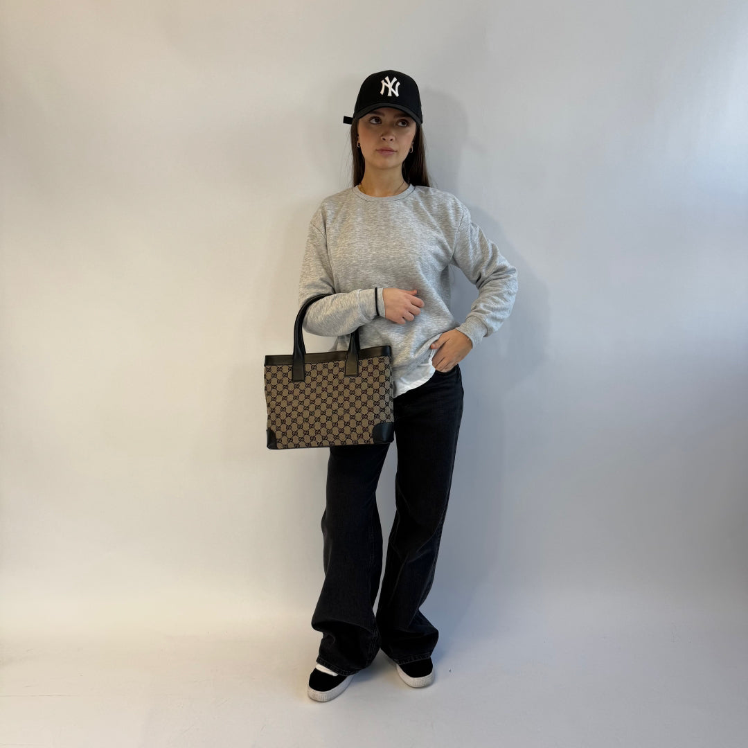 Gucci handbag / shopper with black leather details monogram beige