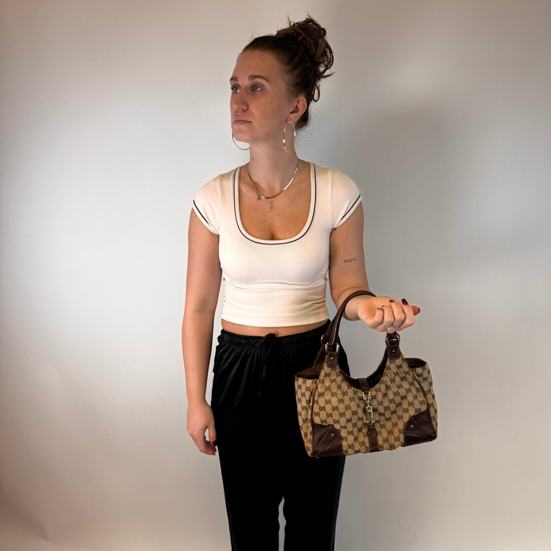 Gucci handbag New Jackie brown leather details monogram beige