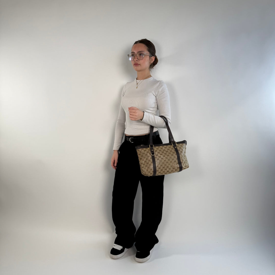 Gucci handbag Abbey PVC brown leather details monogram beige