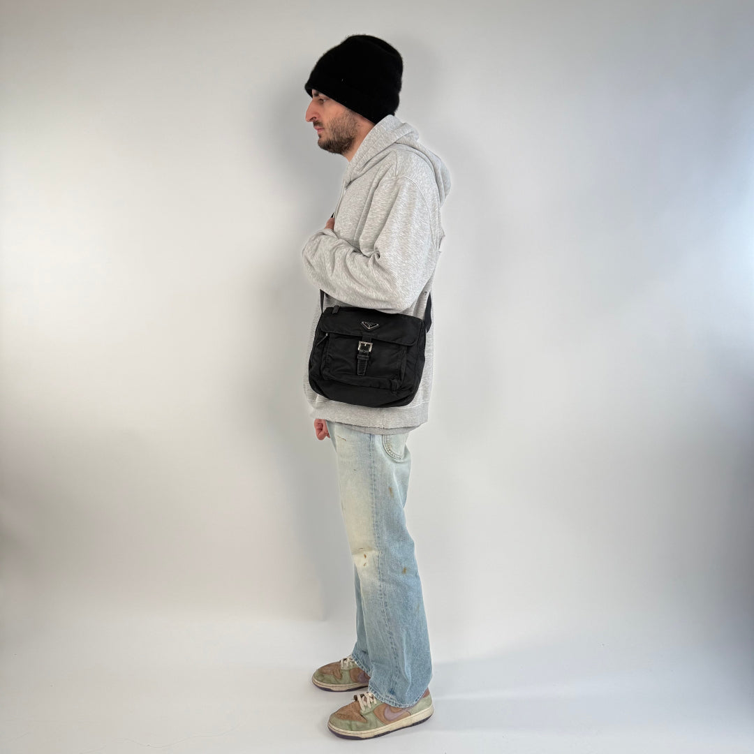 Prada shoulder bag with central buckle nylon black