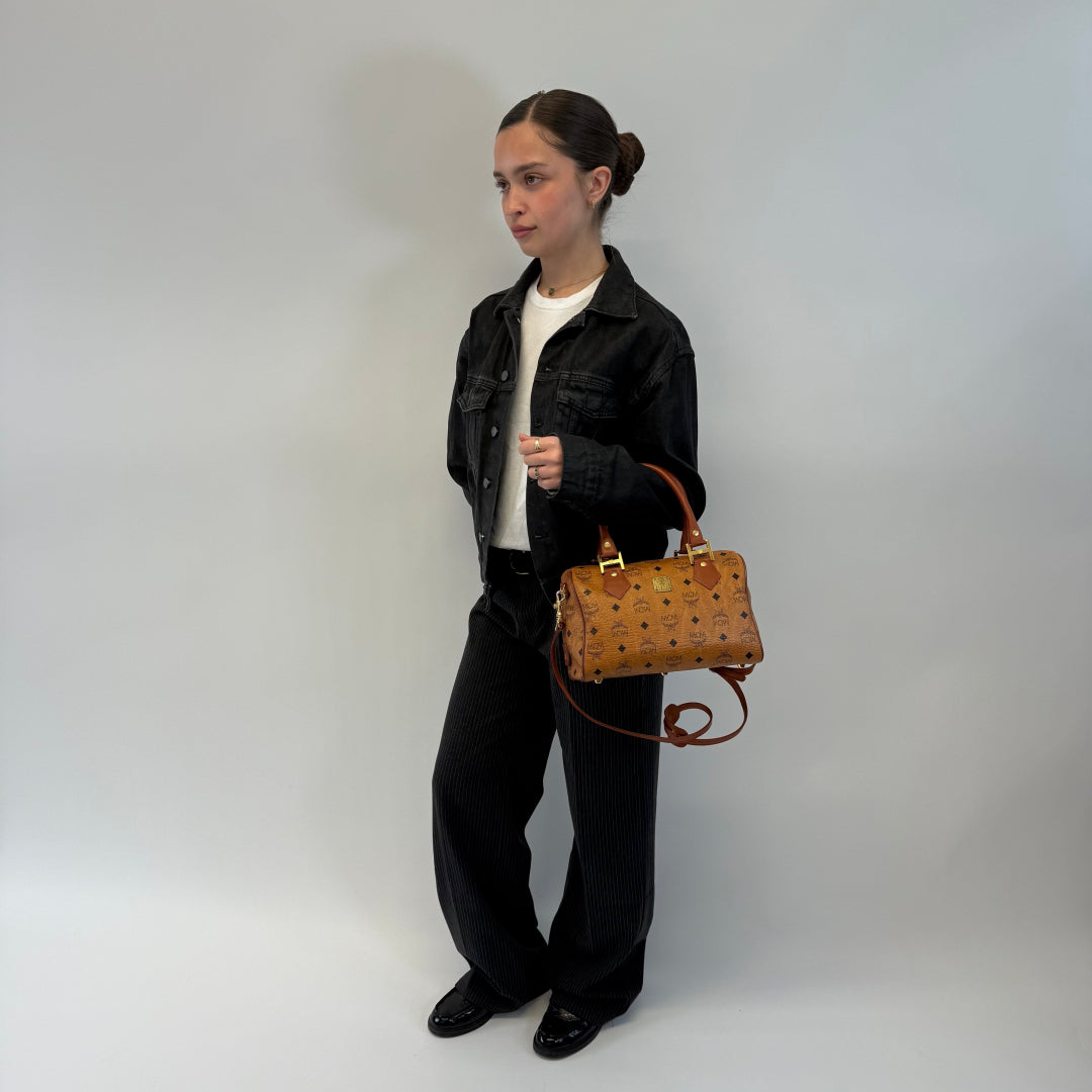 MCM Boston Handbag With Shoulder Strap Visetos Brown