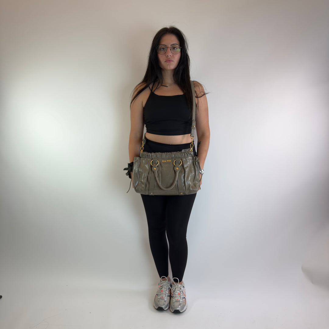 Miu Miu handbag Vitello Lux with shoulder strap in grey leather