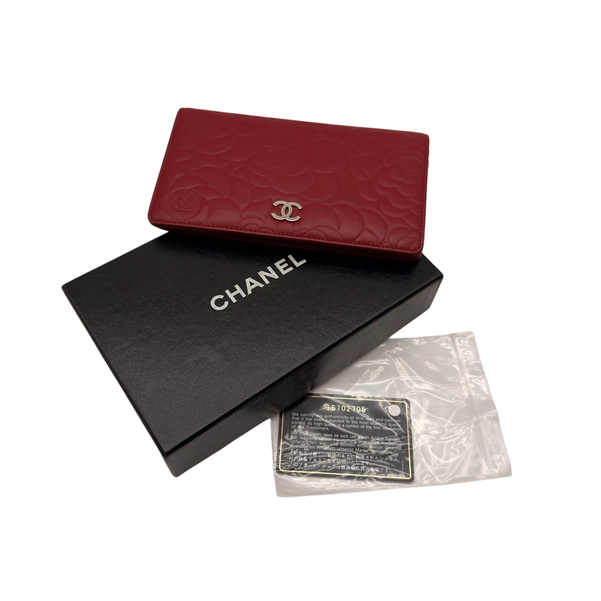 Chanel Geldbeutel Camellia aus rotem Lammleder – mit Originalbox